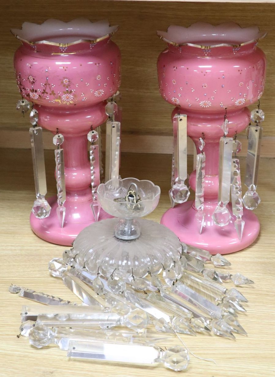A pair of pink glass lustres (a.f.) and a glass lustre hung ceiling light, 37cm